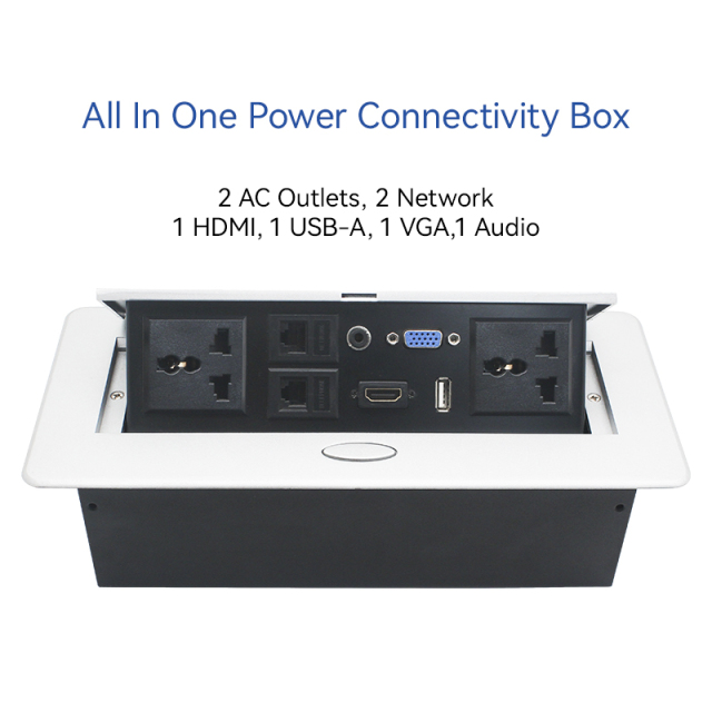 Universal Power Table Box Hidden Pop Up Power Box with 2 Universal outlet 2 CAT6 HDMI USB Data Audio Jack VGA