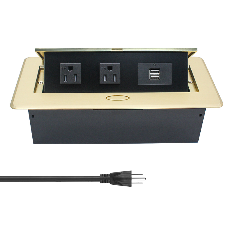 Golden Desktop Pop Up Power Socket Box with US Outlets USBA Charging 5V 2.1A