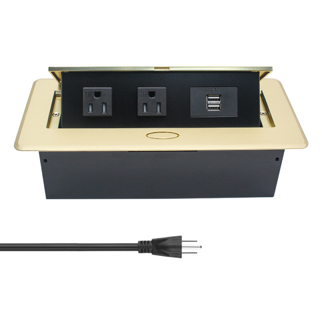 Golden Desktop Pop Up Power Socket Box with US Outlets USBA Charging 5V 2.1A