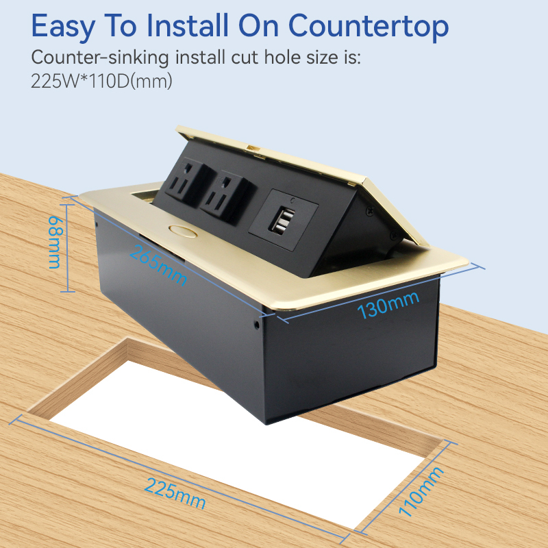 Golden Desktop Pop Up Power Socket Box with US Outlets USBA Charging 5V 2.1A