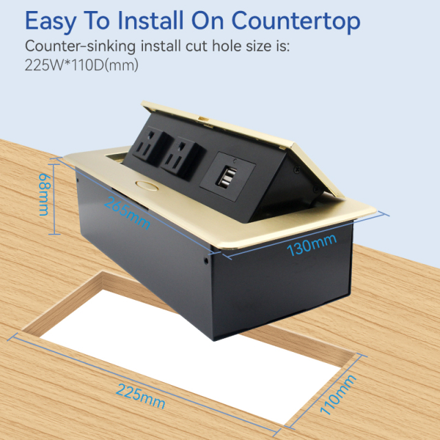 Golden Desktop Pop Up Power Socket Box with US Outlets USBA Charging 5V 2.1A