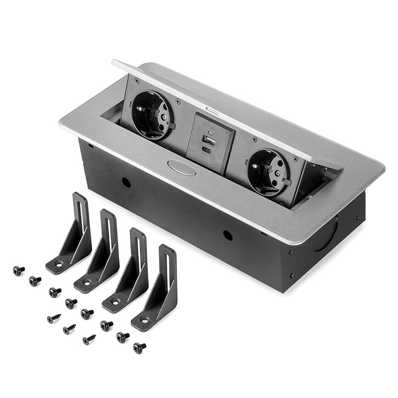 Table power strip, 2 EU plugs + 1 USB type A + 1 USB type C, 265x120mm, steel and aluminium, gray metallic