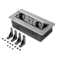 Table power strip, 2 EU plugs + 1 USB type A + 1 USB type C, 265x120mm, steel and aluminium, gray metallic