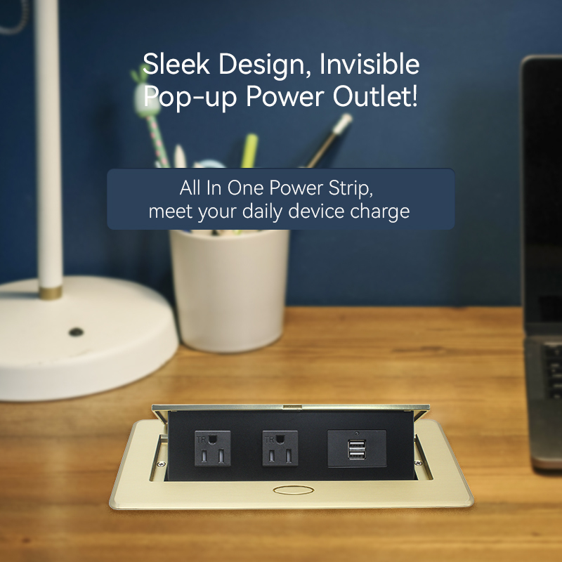 Golden Desktop Pop Up Power Socket Box with US Outlets USBA Charging 5V 2.1A