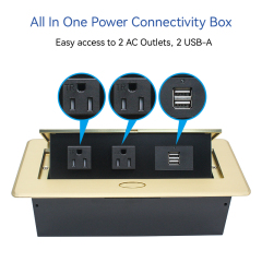 Golden Desktop Pop Up Power Socket Box with US Outlets USBA Charging 5V 2.1A