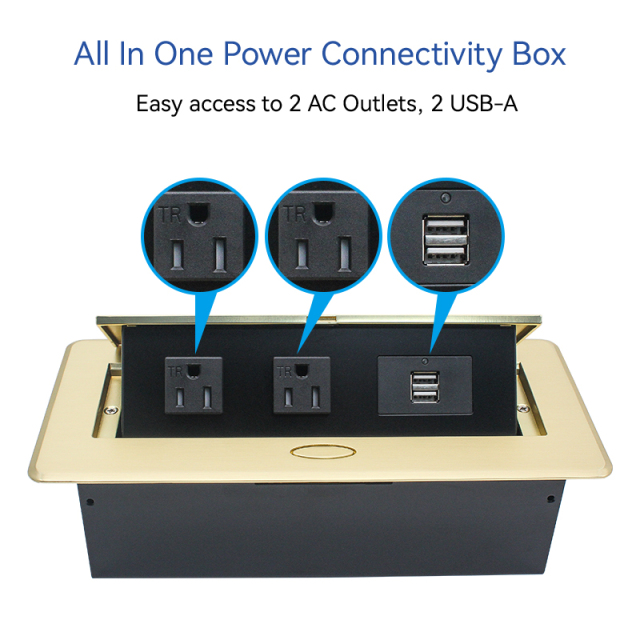 Golden Desktop Pop Up Power Socket Box with US Outlets USBA Charging 5V 2.1A