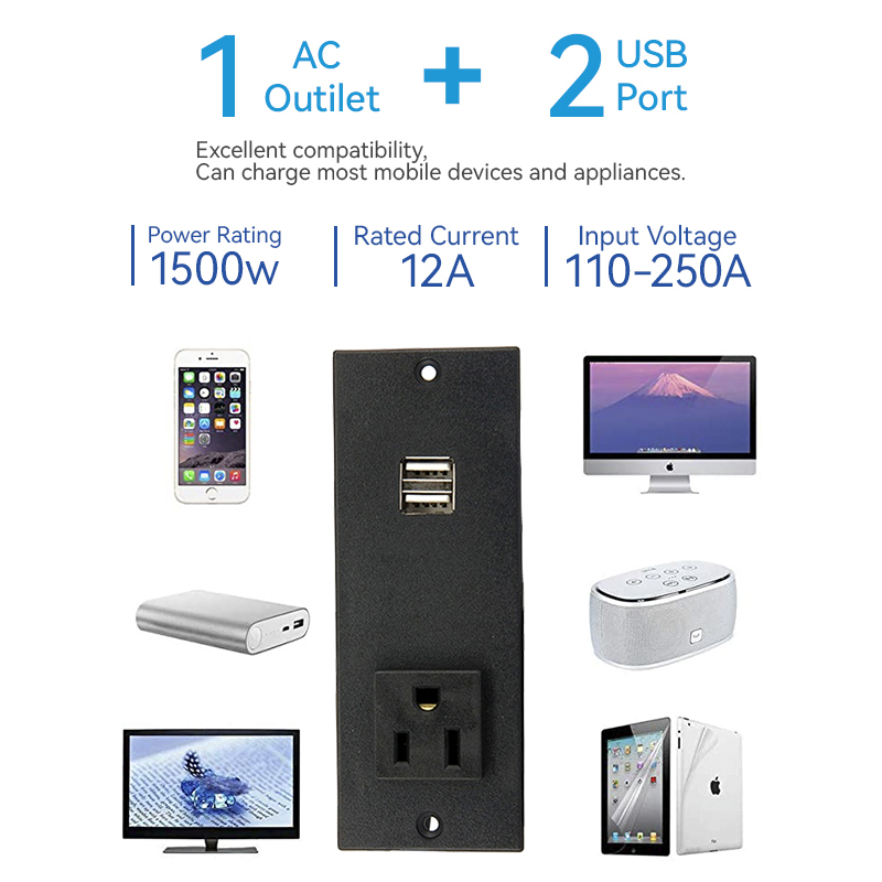 Black Desk in Socket US Outlet 2 USBA Charging 5V 2.1A USB Socket