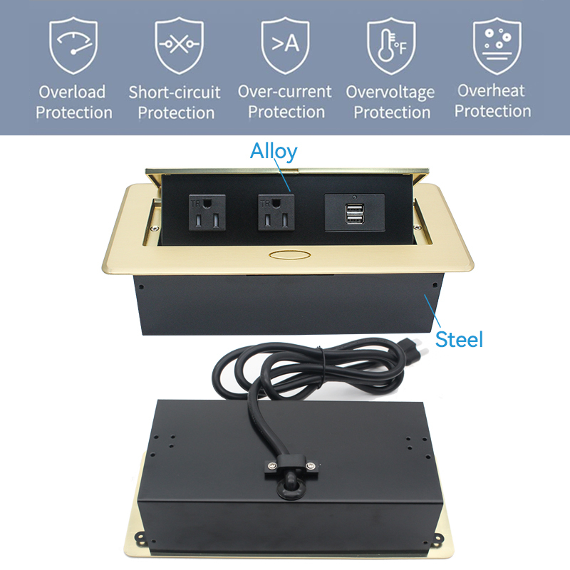 Golden Desktop Pop Up Power Socket Box with US Outlets USBA Charging 5V 2.1A