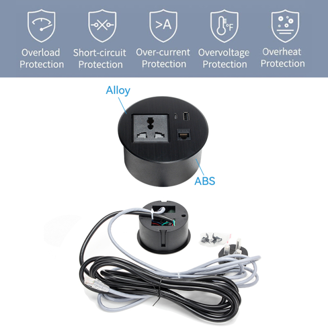 Black Alloy Universal Power Grommet with Type C Charging USB Socket LAN CAT6