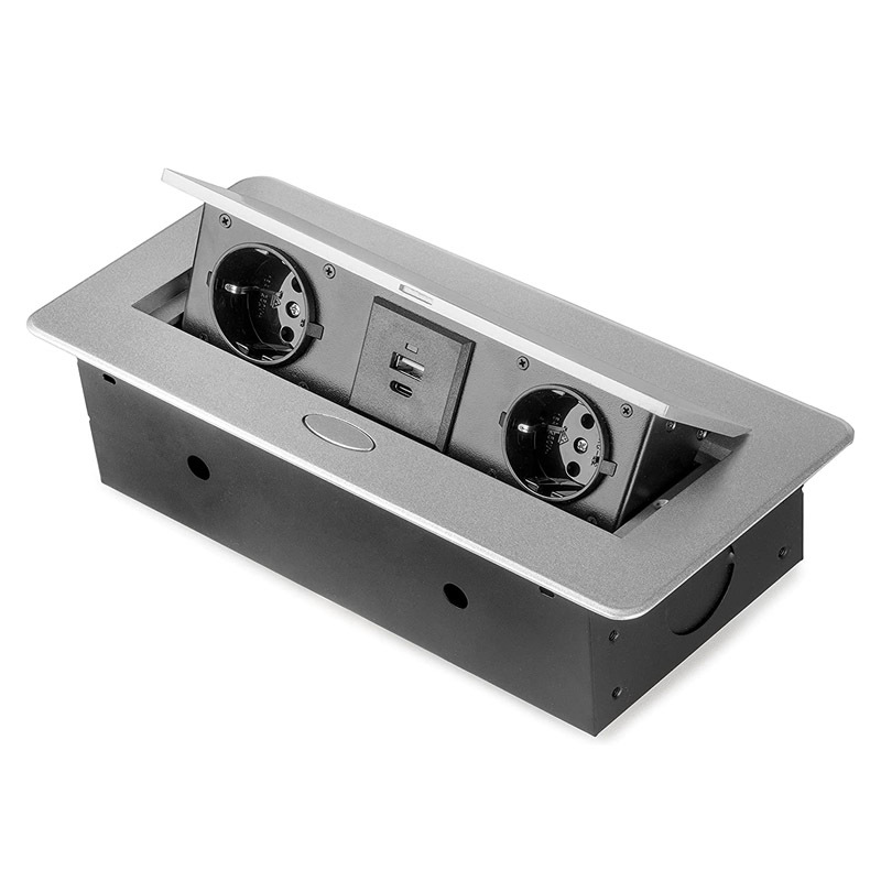 Table power strip, 2 EU plugs + 1 USB type A + 1 USB type C, 265x120mm, steel and aluminium, gray metallic