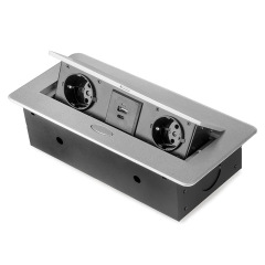 Table power strip, 2 EU plugs + 1 USB type A + 1 USB type C, 265x120mm, steel and aluminium, gray metallic