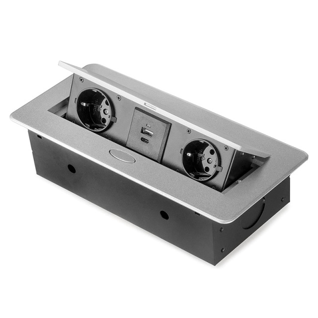 Table power strip, 2 EU plugs + 1 USB type A + 1 USB type C, 265x120mm, steel and aluminium, gray metallic