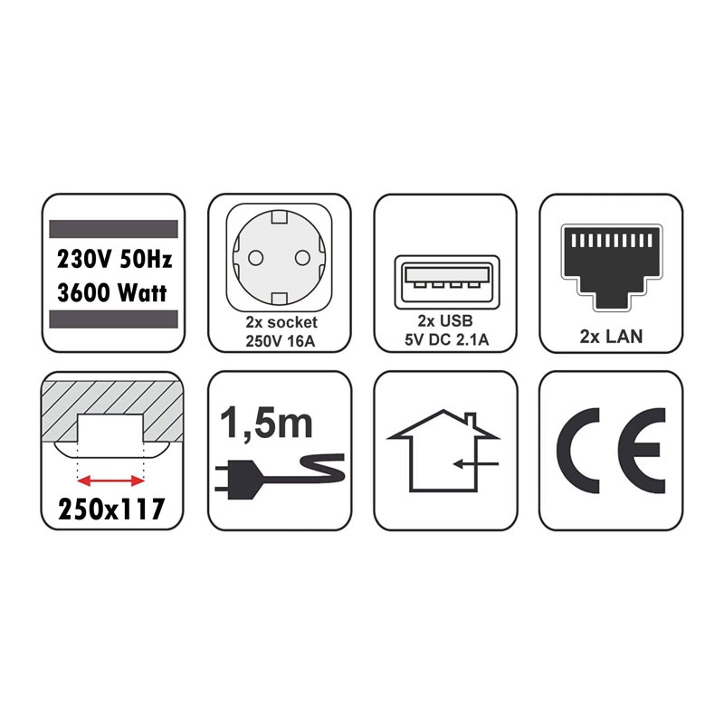 Retractable built-in socket for 2 + USB + LAN Internet aluminum soft flap black