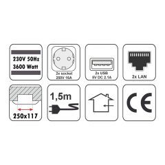 Retractable built-in socket for 2 + USB + LAN Internet aluminum soft flap black