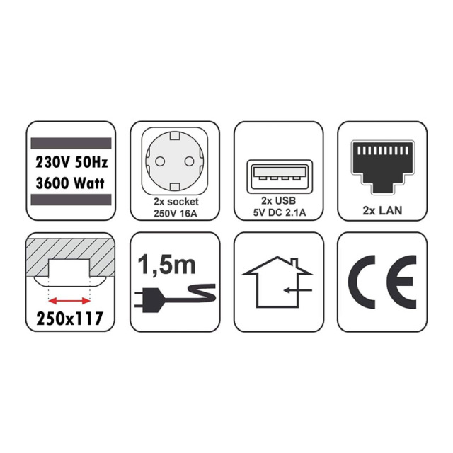 Retractable built-in socket for 2 + USB + LAN Internet aluminum soft flap black