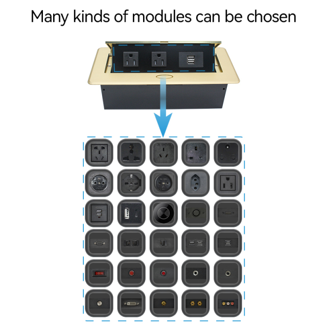 Golden Desktop Pop Up Power Socket Box with US Outlets USBA Charging 5V 2.1A