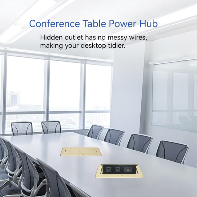 Golden Desktop Pop Up Power Socket Box with US Outlets USBA Charging 5V 2.1A