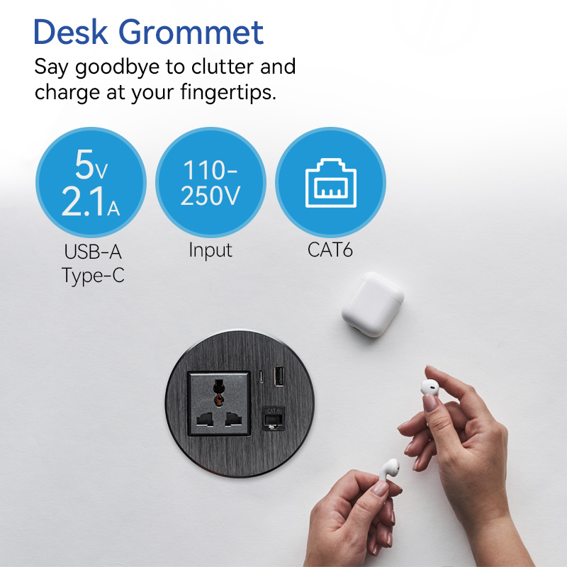 Black Alloy Universal Power Grommet with Type C Charging USB Socket LAN CAT6
