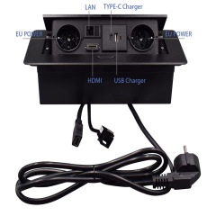 Table socket Retractable sockets with 2 EU LAN HDMI and 5V3.1A USB Type c chargers 1.5M cable Black