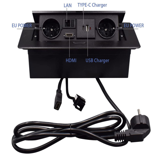 Table socket Retractable sockets with 2 EU LAN HDMI and 5V3.1A USB Type c chargers 1.5M cable Black