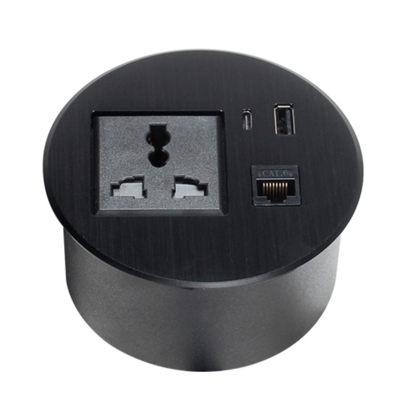 Black Alloy Universal Power Grommet with Type C Charging USB Socket LAN CAT6