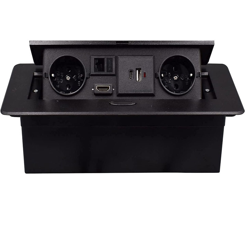 Table socket Retractable sockets with 2 EU LAN HDMI and 5V3.1A USB Type c chargers 1.5M cable Black