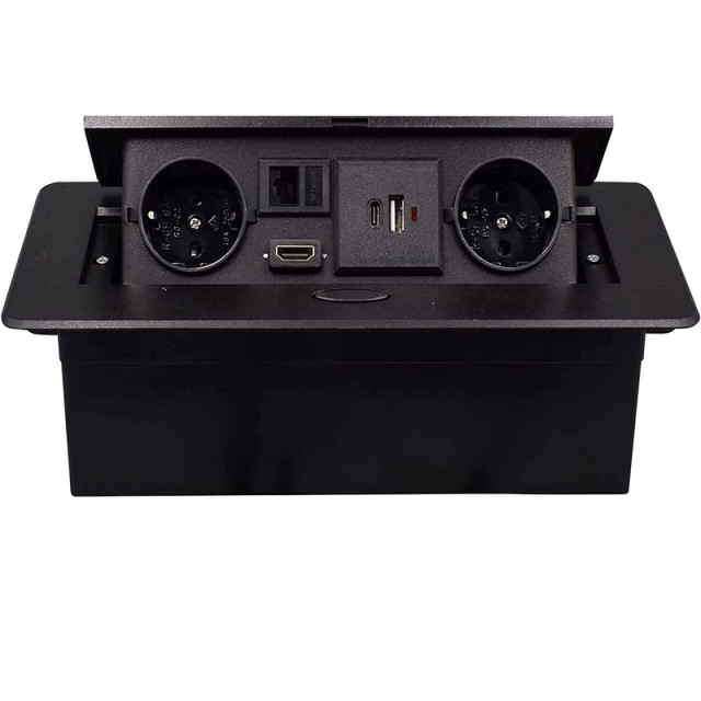 Table socket Retractable sockets with 2 EU LAN HDMI and 5V3.1A USB Type c chargers 1.5M cable Black