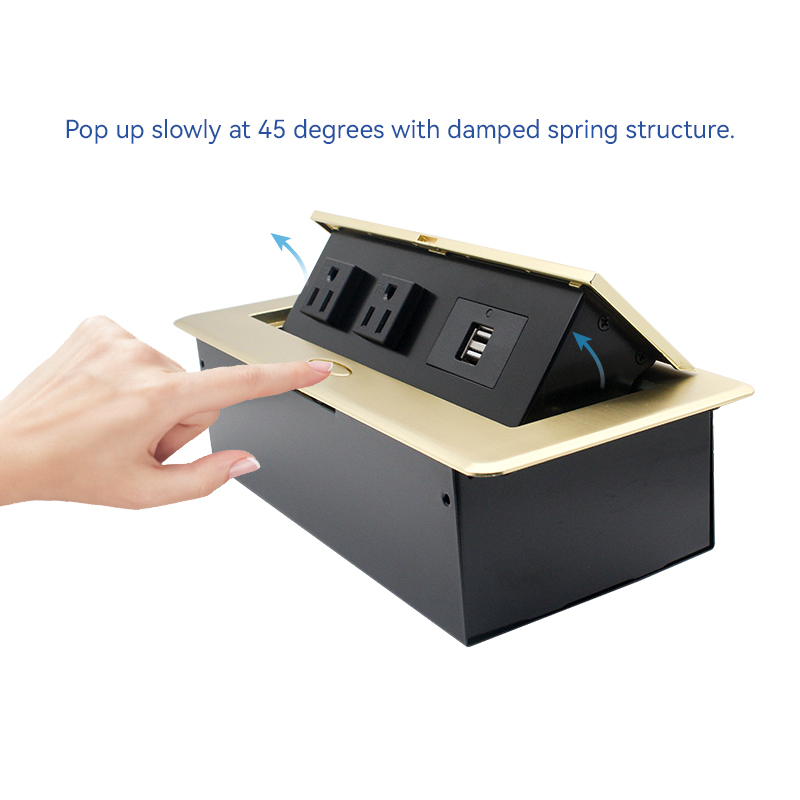 Golden Desktop Pop Up Power Socket Box with US Outlets USBA Charging 5V 2.1A