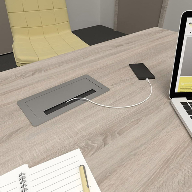 Retractable built-in socket for 2 + HDMI + USB + LAN Internet - Die-cast aluminum - Soft flap - Silver