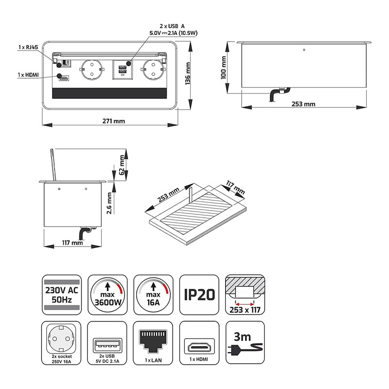 Retractable built-in socket for 2 + HDMI + USB + LAN Internet - Die-cast aluminum - Soft flap - Silver