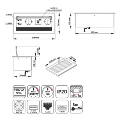 Retractable built-in socket for 2 + HDMI + USB + LAN Internet - Die-cast aluminum - Soft flap - Silver