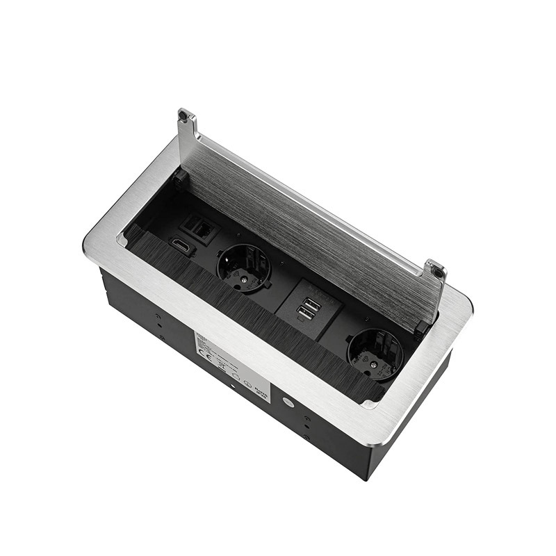 Retractable built-in socket for 2 + HDMI + USB + LAN Internet - Die-cast aluminum - Soft flap - Silver