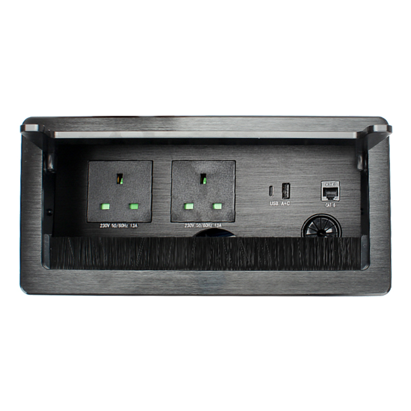 Conference UK flip up socket with 1 twin usb a+c cat6 rj45 socket 3 way plugs tabletop conference room