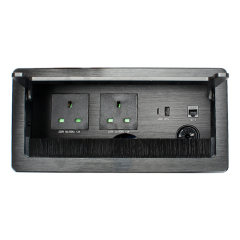 Conference UK flip up socket with 1 twin usb a+c cat6 rj45 socket 3 way plugs tabletop conference room