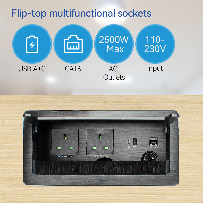 Conference UK flip up socket with 1 twin usb a+c cat6 rj45 socket 3 way plugs tabletop conference room