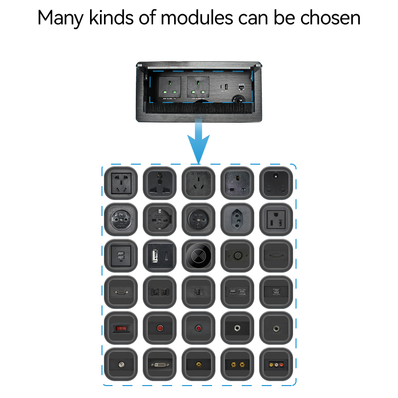 Conference UK flip up socket with 1 twin usb a+c cat6 rj45 socket 3 way plugs tabletop conference room