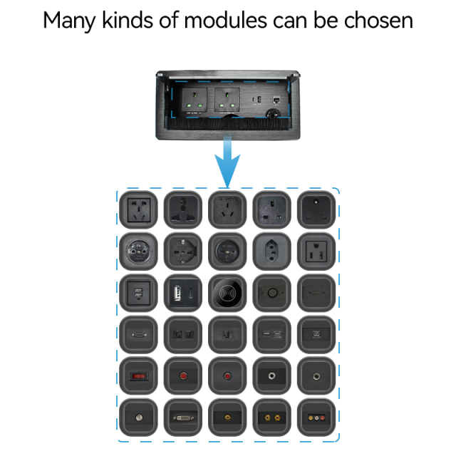 Conference UK flip up socket with 1 twin usb a+c cat6 rj45 socket 3 way plugs tabletop conference room