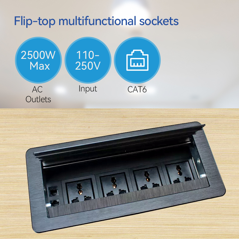 Conference universal flip up socket 3 way plugs tabletop conference room