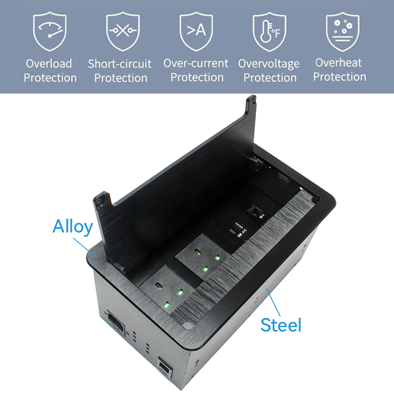 Conference UK flip up socket with 1 twin usb a+c cat6 rj45 socket 3 way plugs tabletop conference room