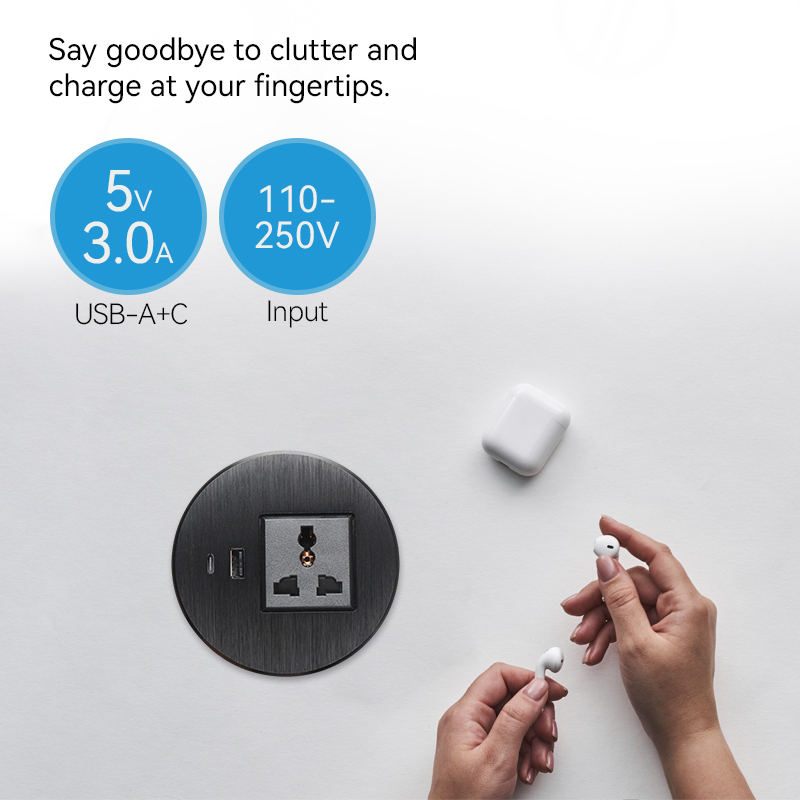 Univeral Alloy Black Desktop grommet with USBA Type C charging 90mm hole size