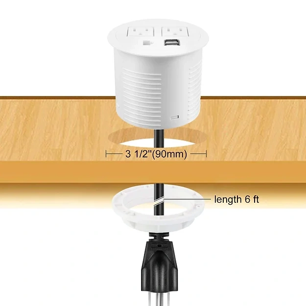 GST Desktop White Power Grommet with 2 Outlets 2 USBA Charging 1 CAT6 LAN