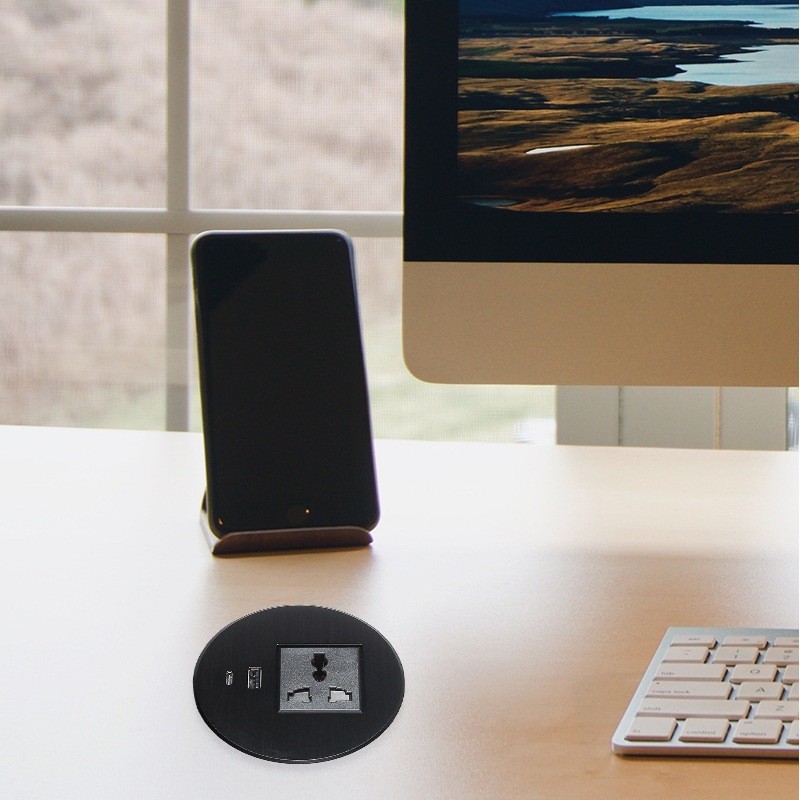 Univeral Alloy Black Desktop grommet with USBA Type C charging 90mm hole size