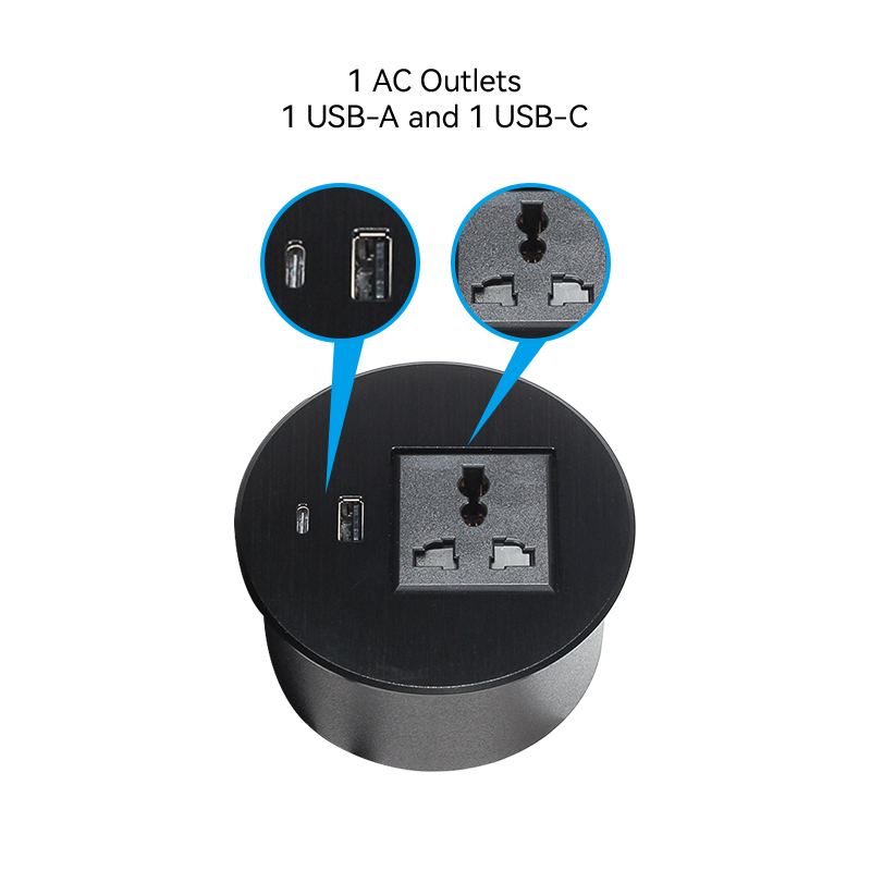 Univeral Alloy Black Desktop grommet with USBA Type C charging 90mm hole size