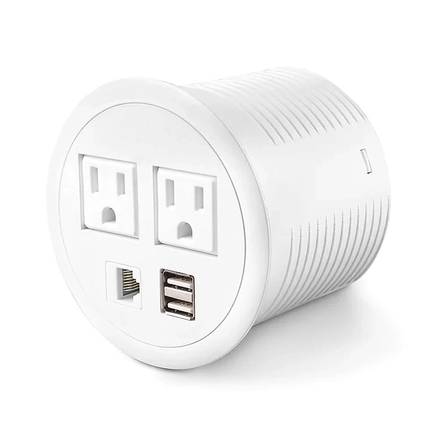 GST Desktop White Power Grommet with 2 Outlets 2 USBA Charging 1 CAT6 LAN