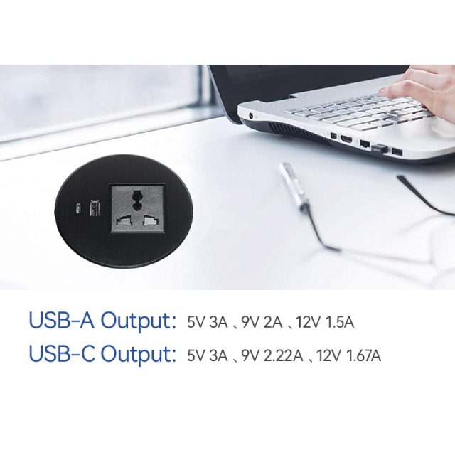 Univeral Alloy Black Desktop grommet with USBA Type C charging 90mm hole size