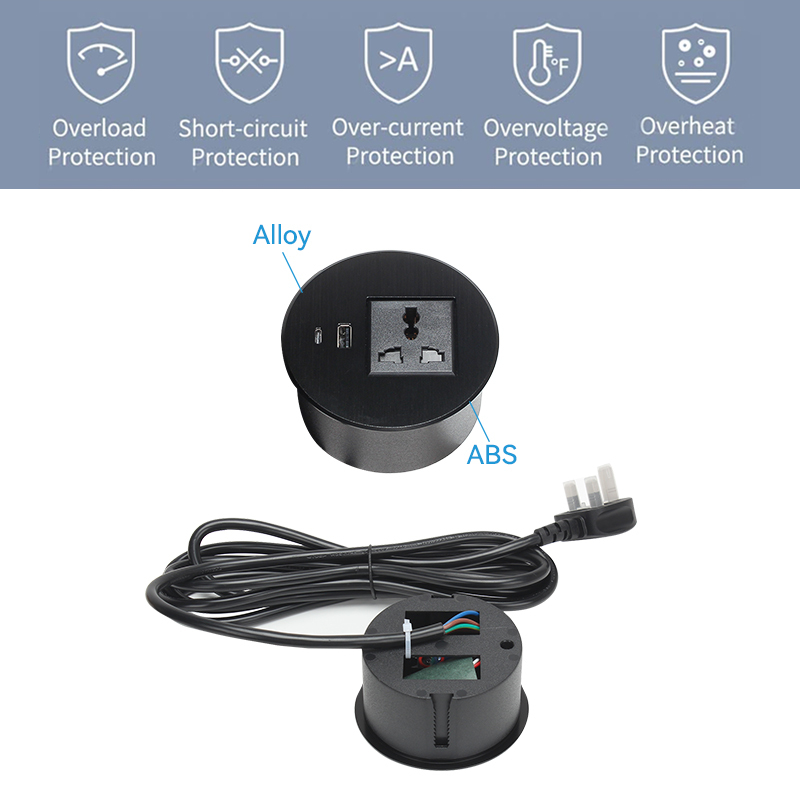 Univeral Alloy Black Desktop grommet with USBA Type C charging 90mm hole size