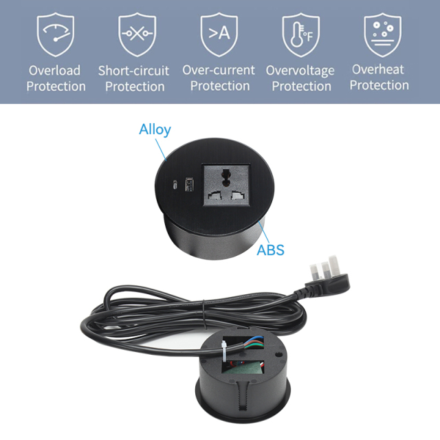 Univeral Alloy Black Desktop grommet with USBA Type C charging 90mm hole size