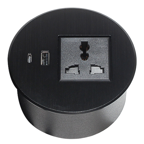 Univeral Alloy Black Desktop grommet with USBA Type C charging 90mm hole size