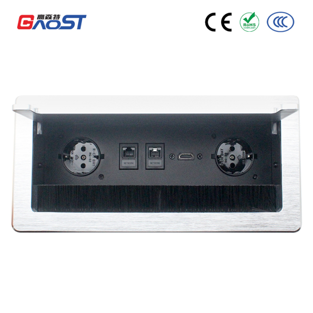 European standard mental brushed sliver flip up socket 2 ac outlets with network connection conference