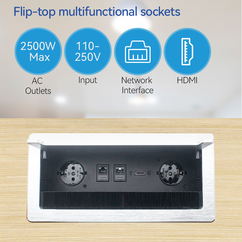 European standard mental brushed sliver flip up socket 2 ac outlets with network connection conference